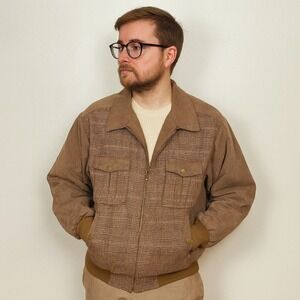 Collectif London Alister Contrast Jacket Mens Medium Bomber Jacket Brown Plaid